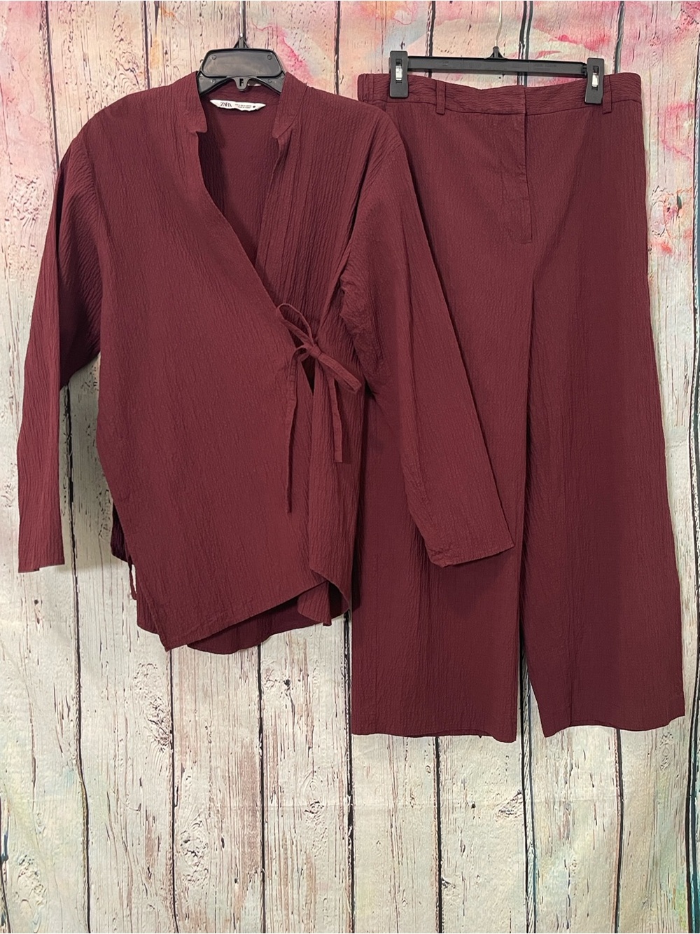 Zara Burgundy Wrap Top (Med) & Wide-Leg Pants (XL) Set
